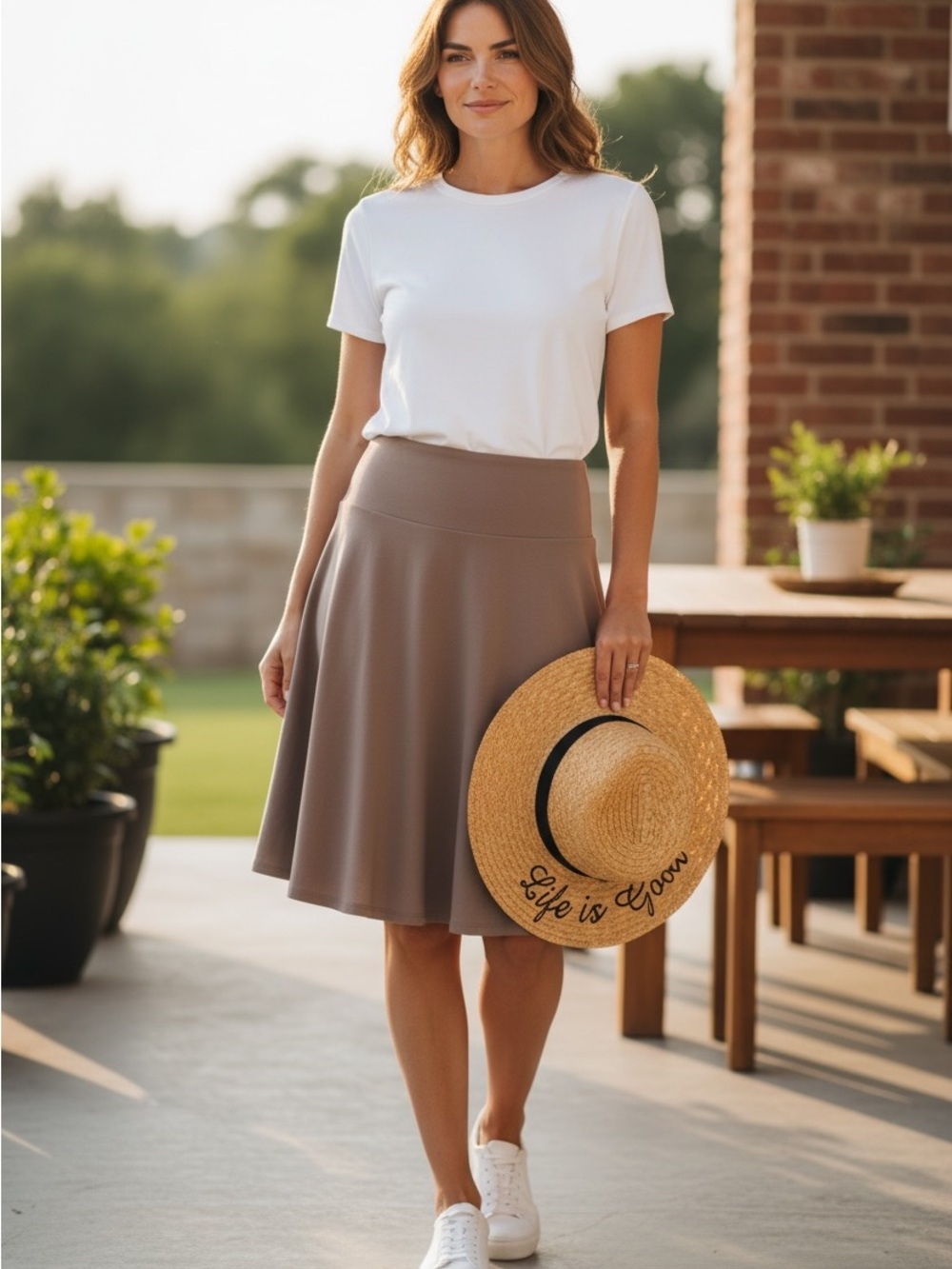 NEW• Azure Sandy Mocha A-Line Knit Minimalist Skirt• M